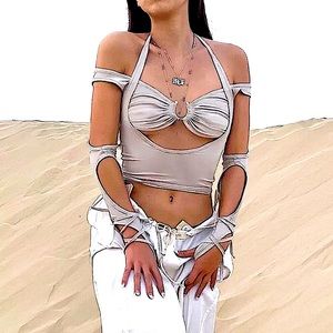Grey cut out long sleeve 2 piece halter top